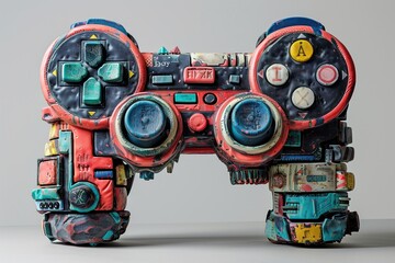 A retro game controller transformed into a Pop Art sculpture, oversized buttons, bold colors, and...