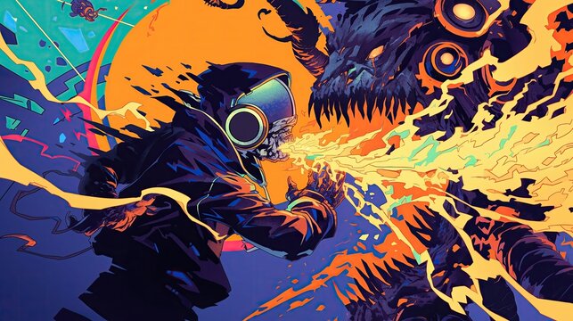 A retro video game boss battle reimagined as a Pop Art comic book panel, exaggerated action lines and sound effects 
