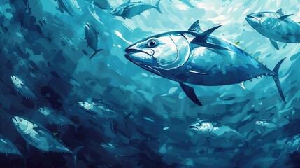 Fototapeta premium A school of cartoon bluefin tuna swimming freely, a victory for sustainable fishing practices , high resolution DSLR