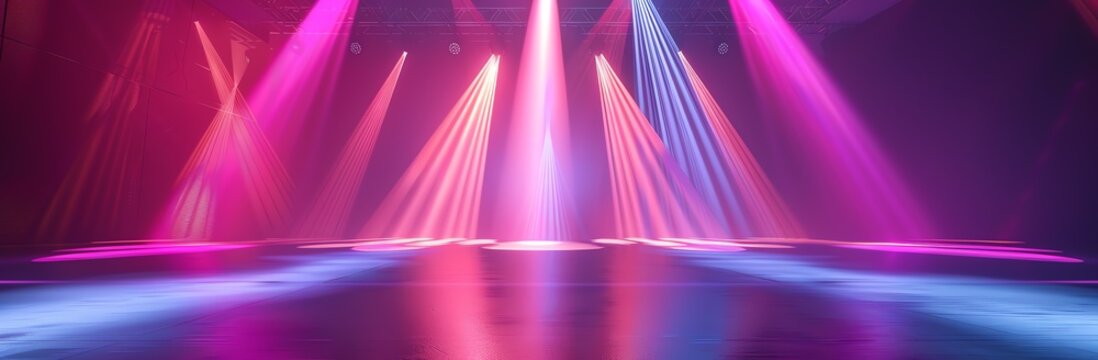 A stage set design, background illustration with vibrant beaming stage lights, Stage for online live concert Concert live streams available online