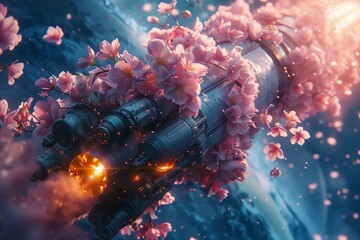Rocket taking off leaves behind clouds leaving a trail of spring flowers with crown petals, a symbol of peace and tranquility - obrazy, fototapety, plakaty