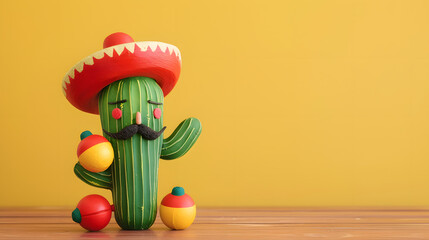 Cactus in sombrero hat and mustache on wooden table, copy space for text. Cinco de mayo. The day of the dead. Dia de los Muertos