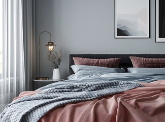 Modern bedroom interior with blue and gray colors, a dark wood bed, a floor lamp near the wall