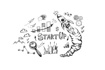 Hand-drawn startup concept illustration with a rocket, graphs, and creative elements, set against a white background
