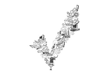 A sketch-like illustration of various business and success-related icons arranged in a checkmark shape on a white background, depicting the concept of goal achievement