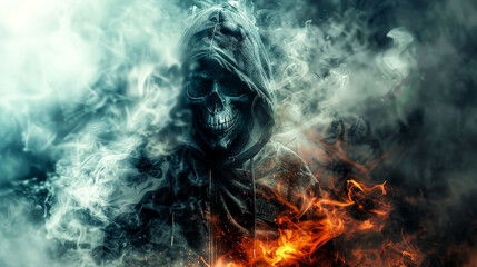 A man with a mask on and a hoodie is surrounded by smoke and fire - obrazy, fototapety, plakaty