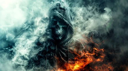 Fotobehang A man with a mask on and a hoodie is surrounded by smoke and fire © Toey Meaong