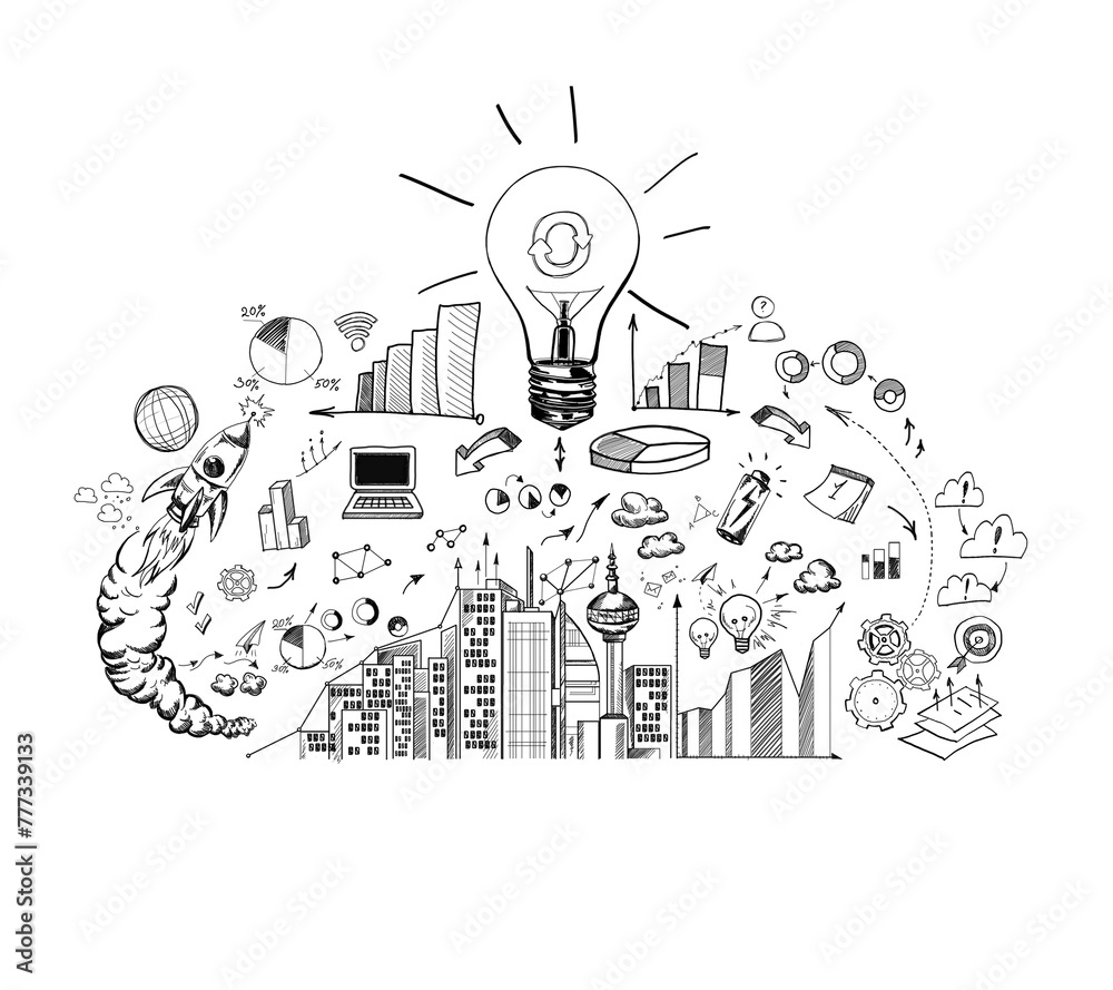 Poster a black and white hand-drawn sketch of various innovation and business icons arranged around a centr