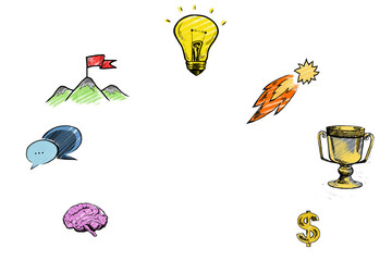 Hand-drawn success and idea-related icons including a flag, lightbulb, and trophy, against a white background, embodying achievement concepts