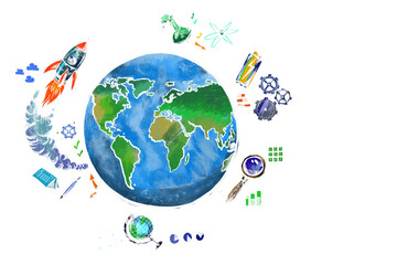 Illustration of a stylized Earth surrounded by various scientific and technological icons against a white background, showcasing the concept of global innovation