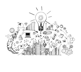 A black and white hand-drawn sketch of various innovation and business icons arranged around a central light bulb on a white background, symbolizing idea generation