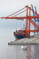 Naklejka premium Two Gantry Cranes Loading Cargo Ship at Container Terminal