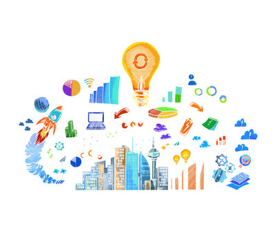 Colorful illustration of various business and technology icons arranged in a creative circle on a white background, depicting innovation and connectivity