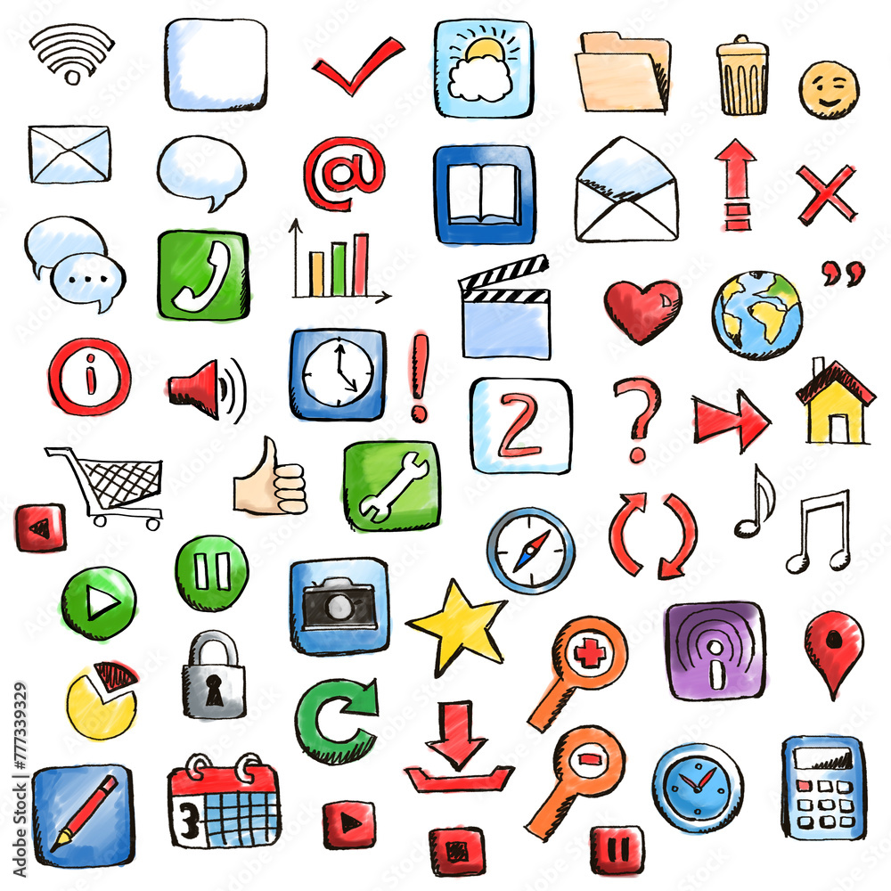 Poster Hand-drawn icons representing various web and interface elements on a white background, drawn in a sketchy, colorful style highlighting the concept of internet and communication