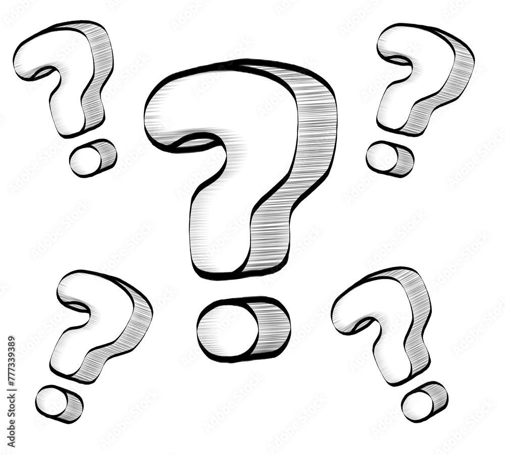 Poster multiple question marks in a hand-drawn style on a white background, illustrating the concept of con