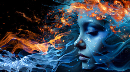 A woman's face is surrounded by blue and orange smoke
