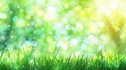 Fototapeta na wymiar Spring background with green grass and sun light bokeh