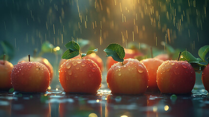 Rainy day in the apple orchard.