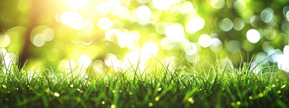 Spring background with green grass and sun light bokeh