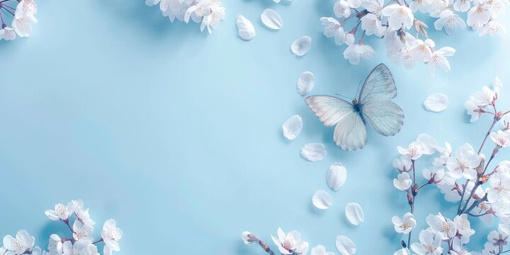 Spring background with pastel blue color, butterfly and cherry blossom flowers on light skyblue backdrop. Flat lay top view of springtime nature frame
