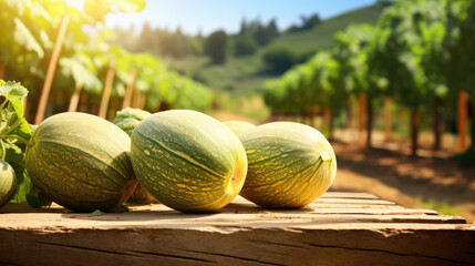 Glasses of fresh green melon and watermelon and fruits on desk and summer landscape of orange garden with sun light. Generative AI - obrazy, fototapety, plakaty