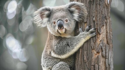 A wideeyed koala bear clinging to a eucalyptus tree, soft gray fur, oversized ears, and a gentle smile , high resolution DSLR