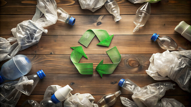 S&iacute;mbolo de reciclaje. Concepto del D&iacute;a de la Tierra. Plano cenital de s&iacute;mbolo del reciclaje rodeado de pl&aacute;sticos y residuios, sobre una mesa de madera.