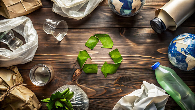 Símbolo de reciclaje. Concepto del Día de la Tierra. Plano cenital de símbolo del reciclaje rodeado de plásticos y residuios, sobre una mesa de madera.