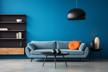 Blue living room interior with a sofa coffee table and stylish decorations