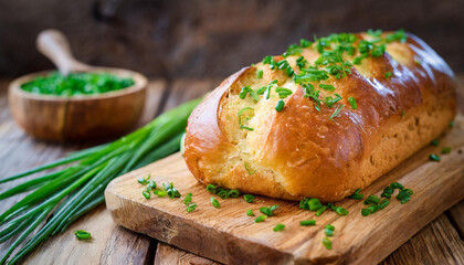 Close-up of brioche bread with chives on wooden chopping board. Fresh and tasty bakery.