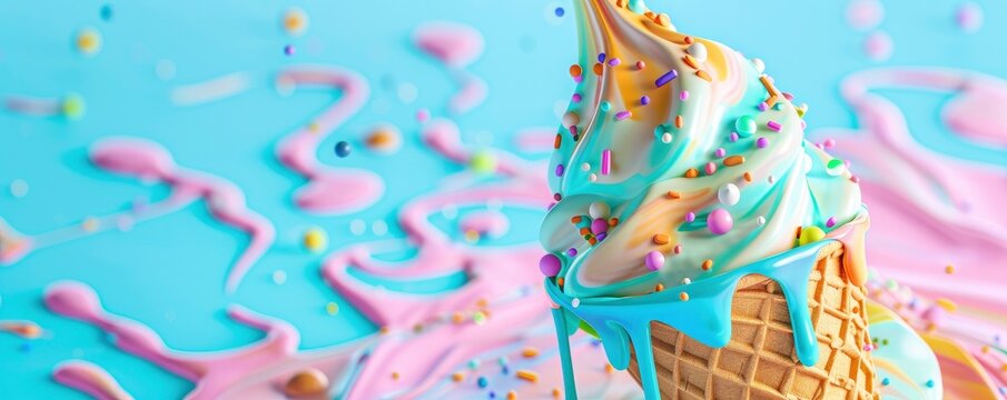 3D render of a colorful ice cream cone with melting liquid swirls and sprinkles on a pastel blue background, in a closeup view.