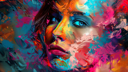 A woman's face is painted in a colorful, abstract style