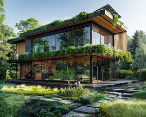 Modern green house with solar panels, energyefficient, surrounded by nature, clear day, eyelevel view