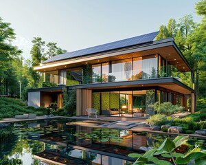 Modern green house with solar panels, energyefficient, surrounded by nature, clear day, eyelevel view