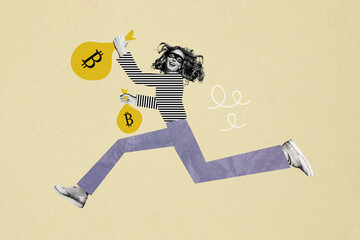 Composite photo collage of happy girl run steal money bags bitcoin emblem wealth burglar crypto...