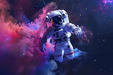 Astronaut floating through coloured dust clouds - obrazy, fototapety, plakaty