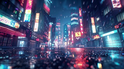 Quiet Tokyo street at night in the rain with bokeh lights
