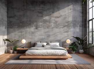 Modern bedroom interior with a gray bed, wooden floor and concrete wall background