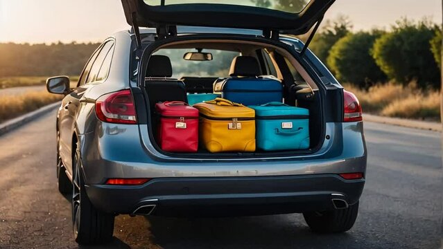 Car with open trunk, suitcases on the road