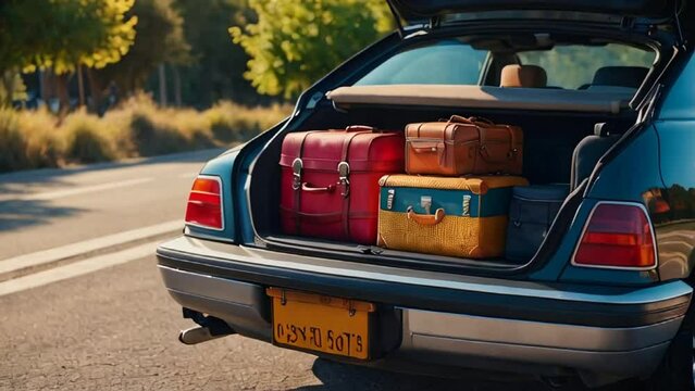 Car with open trunk, suitcases on the road
