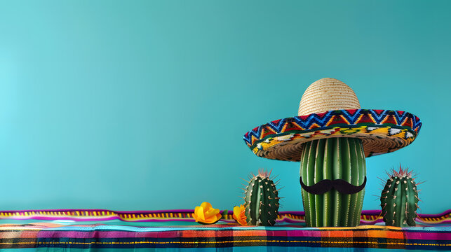 Cactus with mustache and sombrero hat on colorful striped tablecloth, copy space for text. Cinco de mayo. The day of the dead. Dia de los Muertos