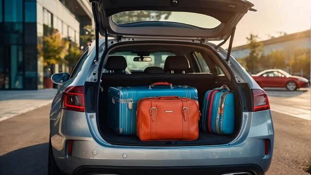 Car with open trunk, suitcases on the road