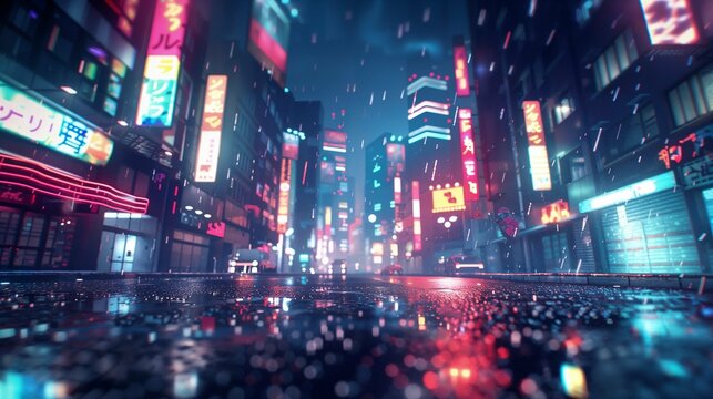 Fototapeta Quiet Tokyo street at night in the rain with bokeh lights