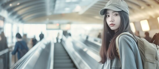 Young asian woman passenger in airport terminal or modern train station.