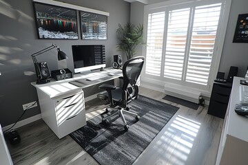 A computer desk with a black chair and a potted plant. The desk has a computer monitor and a keyboard - obrazy, fototapety, plakaty