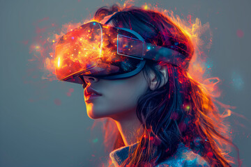 Femme avec des lunettes de réalité virtuelle - obrazy, fototapety, plakaty
