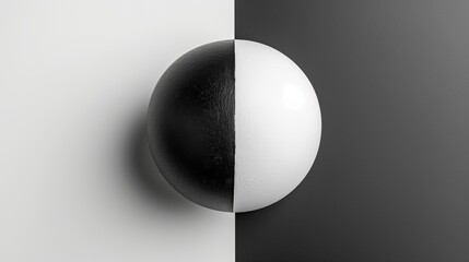 A black and white ball split in half rests on a black and white surface