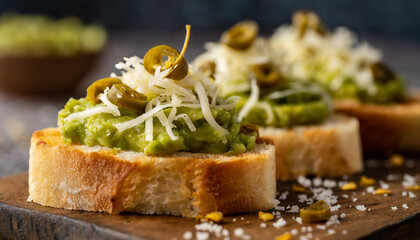Toasted bread with guacamole with sliced jalapeños and sprinkle of vegan cheese shreds. Tasty food.