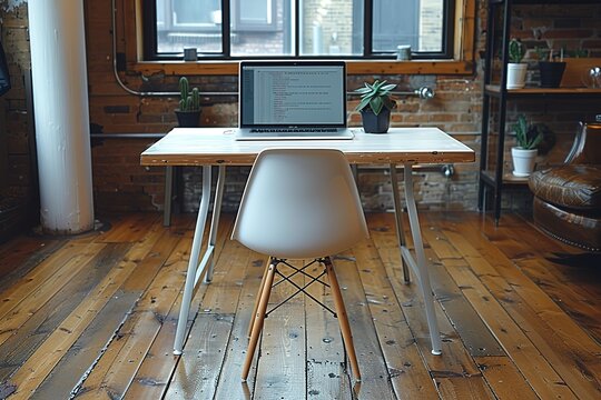 A modern wooden desk with a white chair is featured, displaying an open laptop showing Python code and a mobile phone on top
