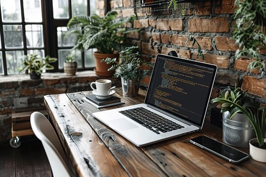 A modern wooden desk with white chair is featured, displaying an open laptop showing python code and a mobile phone on top